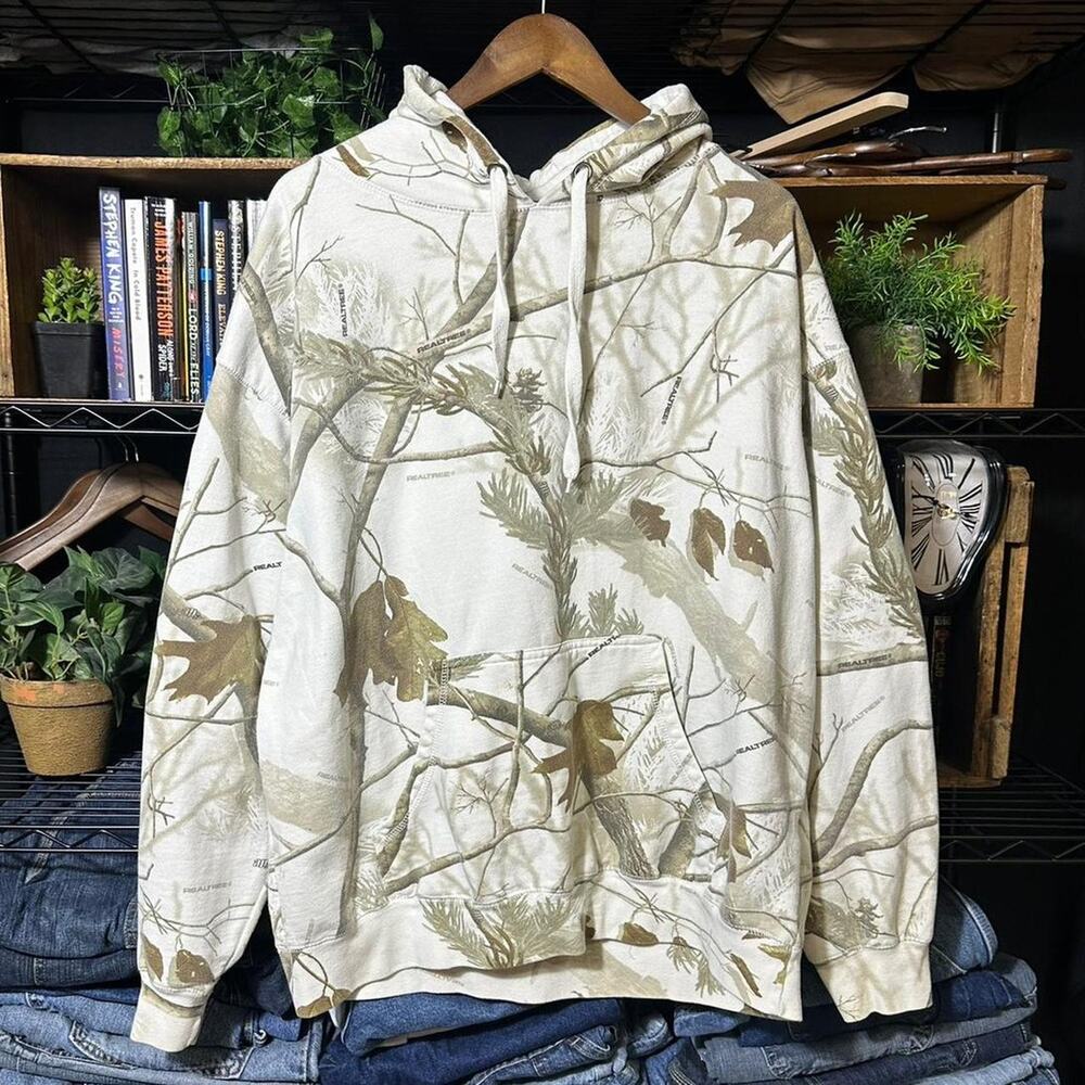 Vintage Y2K Camo Realtree Hoodie White Winter Camouflage Boxy Sweatshirt Mens XL